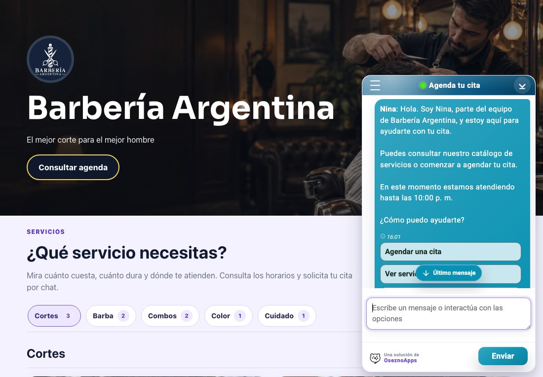 Vista del sitio de Barbería Argentina con su catálogo de servicios y acceso a la agenda.