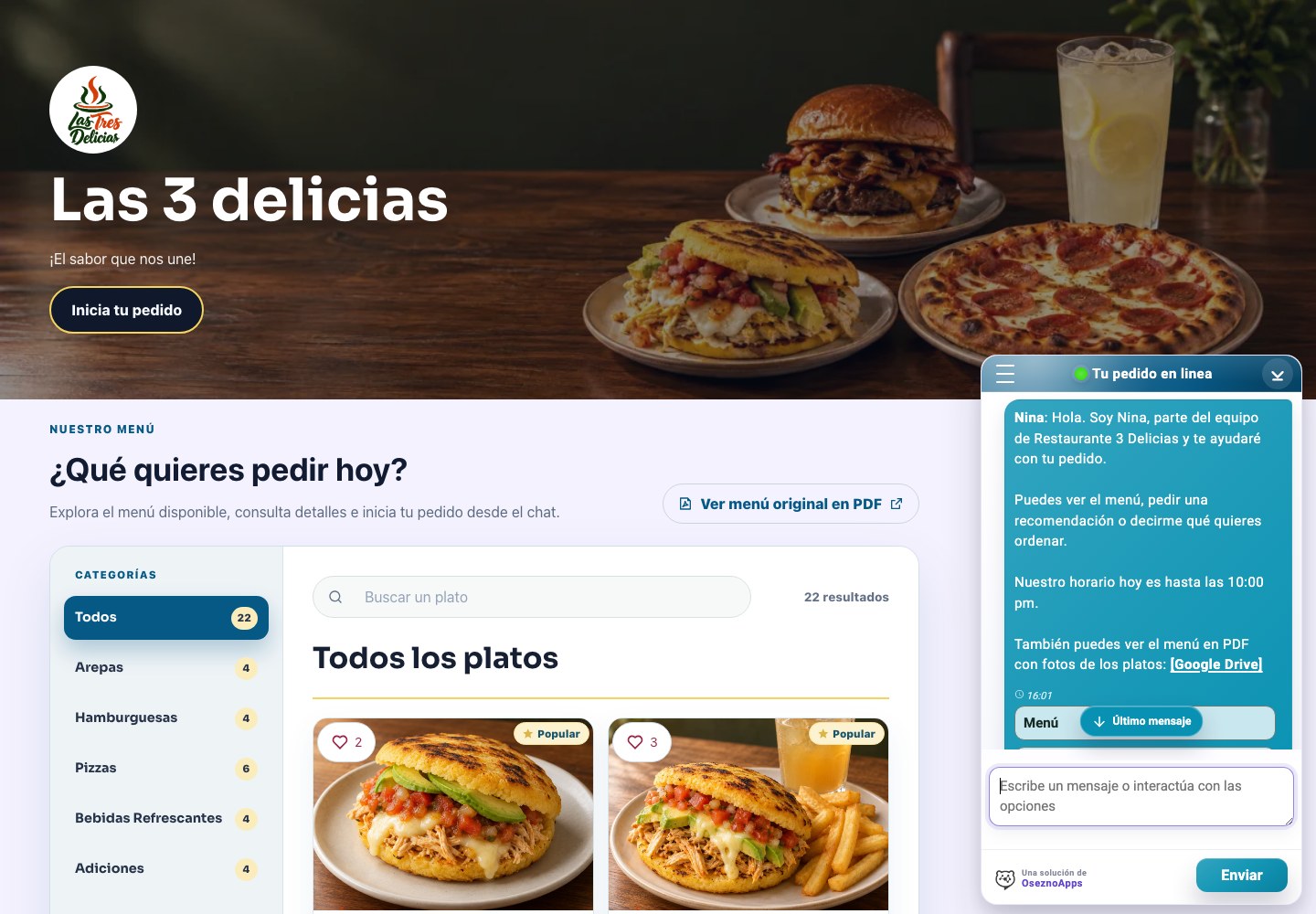 Vista del sitio de Las 3 Delicias con su menú de platos.