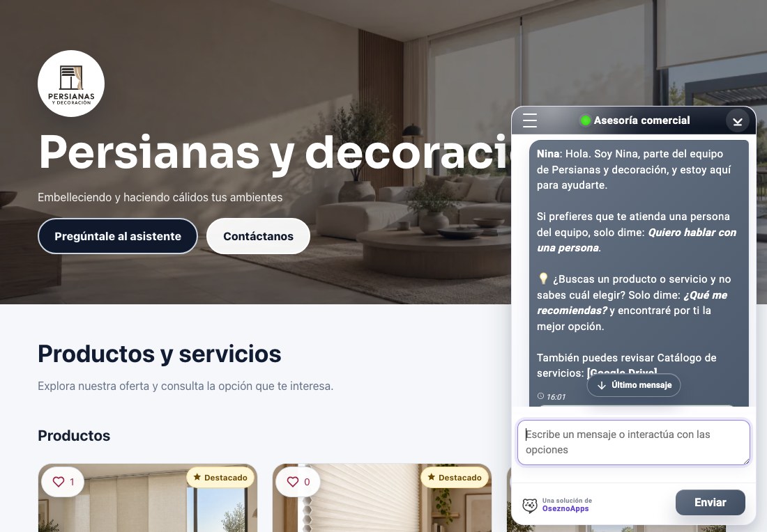 Vista del sitio de Persianas y decoración con su catálogo de productos.